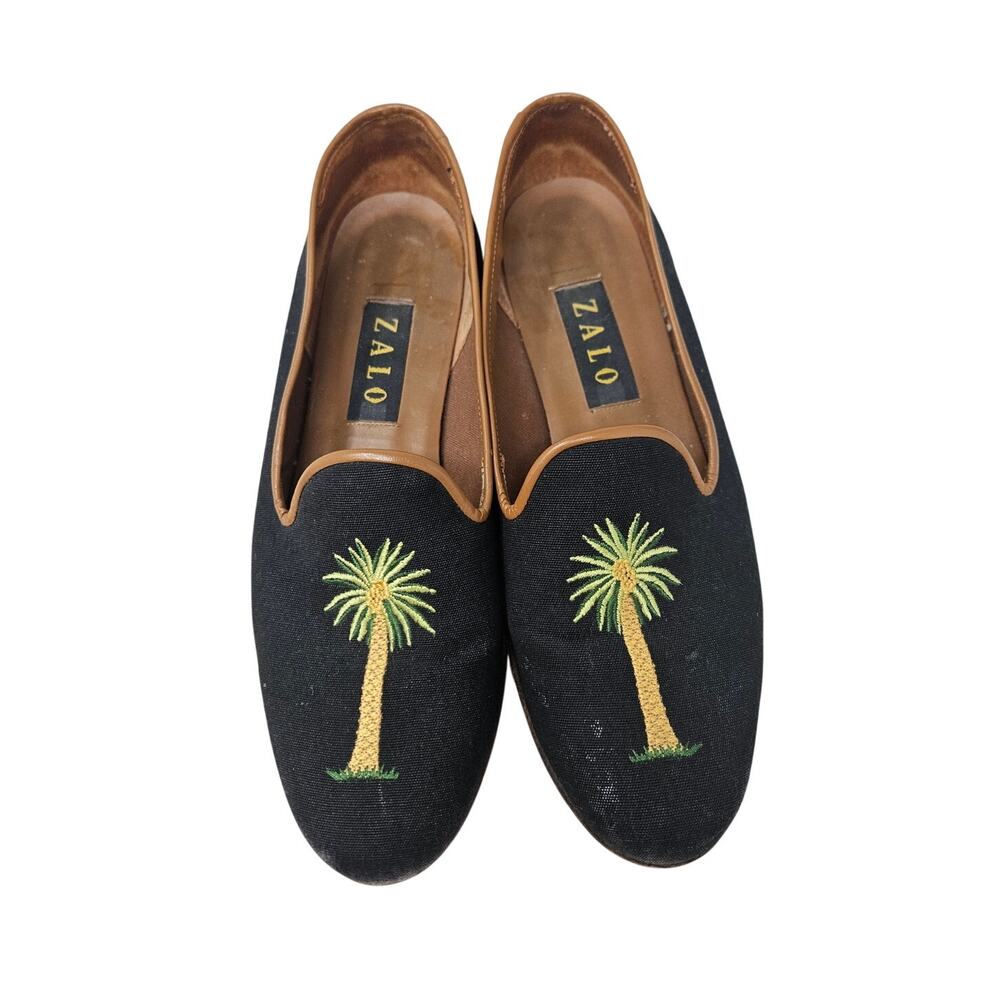 Vintage 90s Zalo 9.5 Palm Tree Loafer Preppy Coastal Flat Embroidered Black
